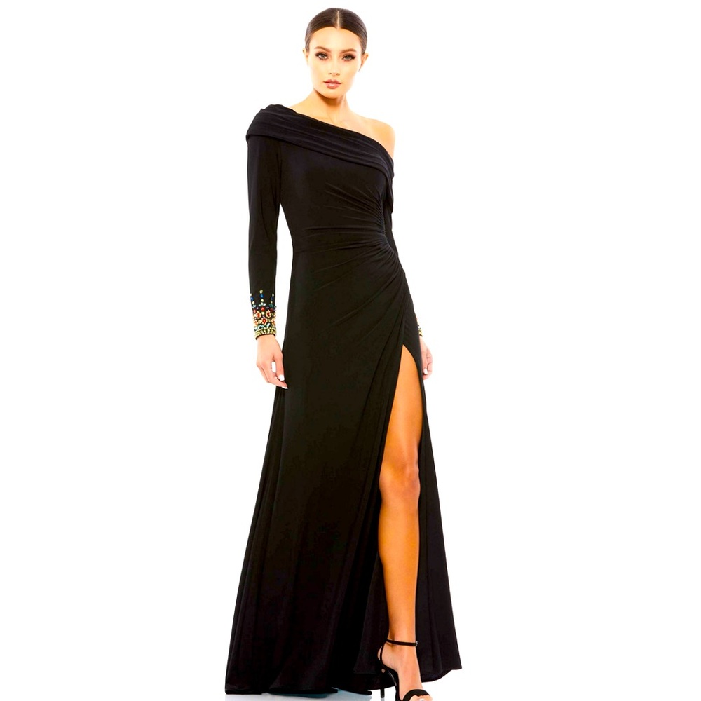 Mac Duggall, long sleeve jeweled off the shoulder evening gown